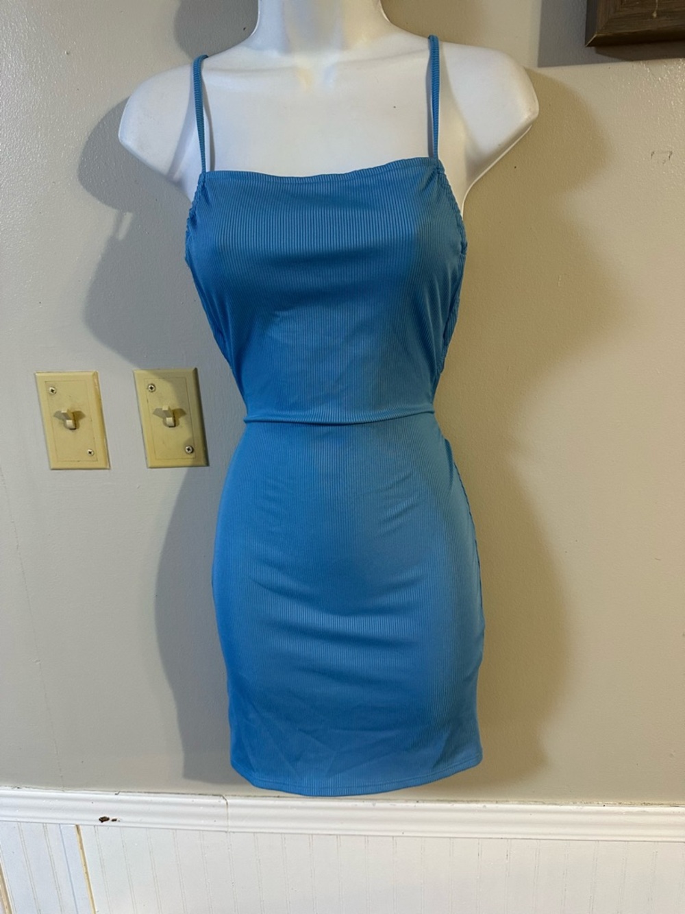 Forever 21 Blue Ribbed Spaghetti-Strap Mini Dress